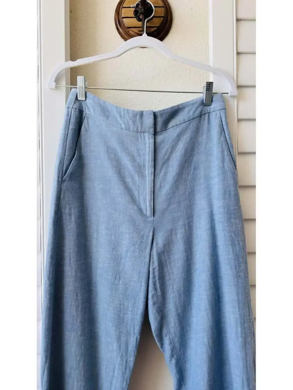 Zara Light Blue Chambray Cuffed Cropped Trousers Size M